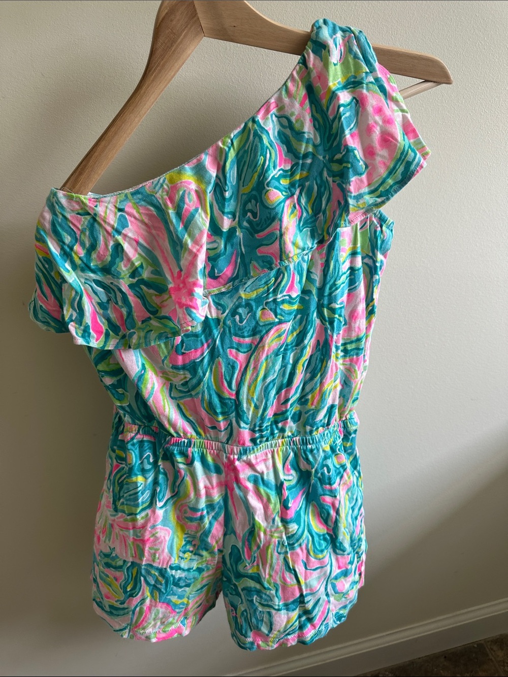 Lilly Pulitzer Aqua Pink One-Shoulder Ruffle Romper